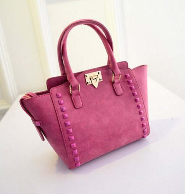 Studded Trapeze Vegan Leather Tote Bag 2 rivet detail pink leather trapeze bag