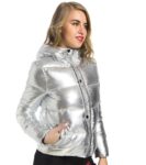 Chic Metallic Silver Shine Hooded Puffer Warm Jacket