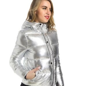 Chic Metallic Silver Shine Hooded Puffer Warm Jacket