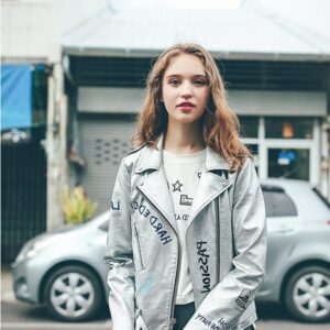 Street Style Metallic Silver Belted Leather Jacket