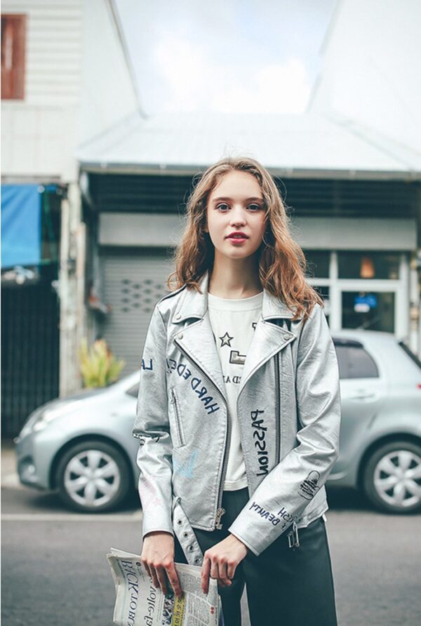 Street Style Metallic Silver Belted Leather Jacket 1 silver belt detail leather jacket