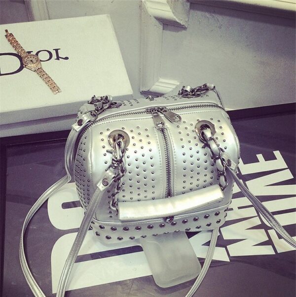 Studded Double Strap Genuine Leather Shoulder Bag 4 silver color double shoulder strappy small leather bag