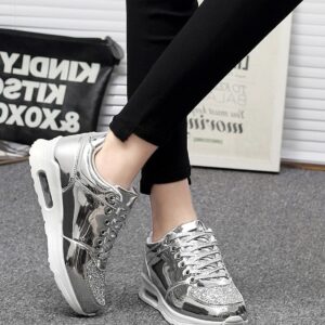 silver shiny glittery women hidden increasing height heel sport shoes