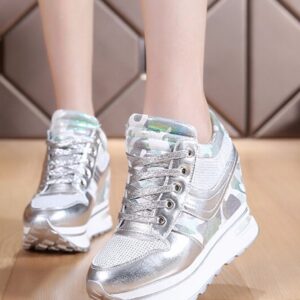 silver shiny lace up women hidden increasing height heel shoes