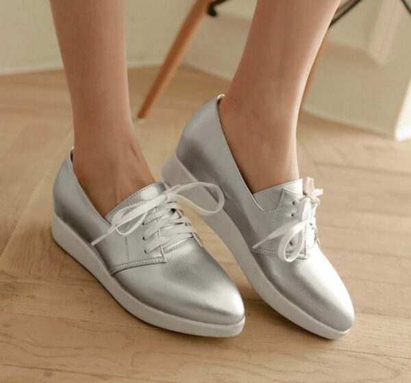 silver women hidden increasing height heel lace up leather shoes