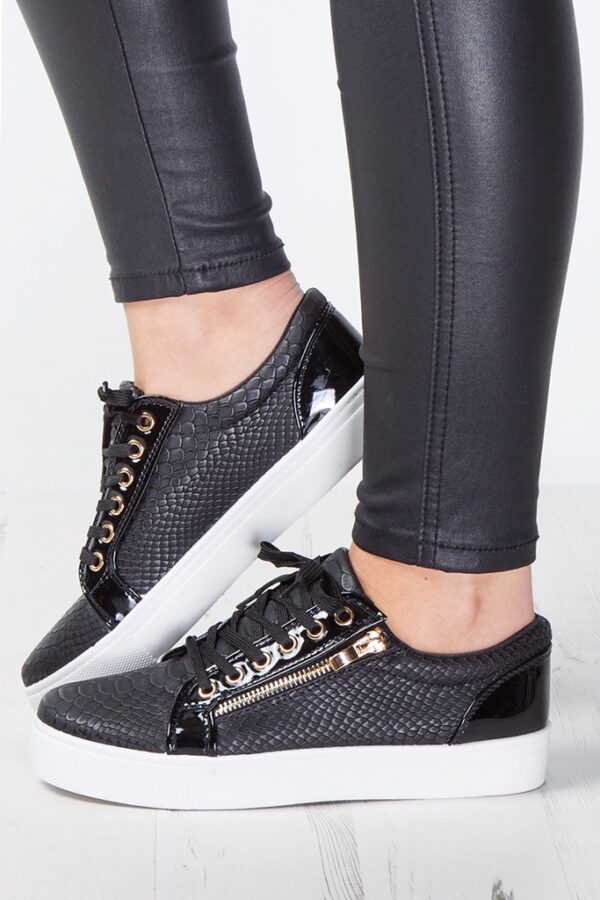 snake skin zip up black patent sneaker