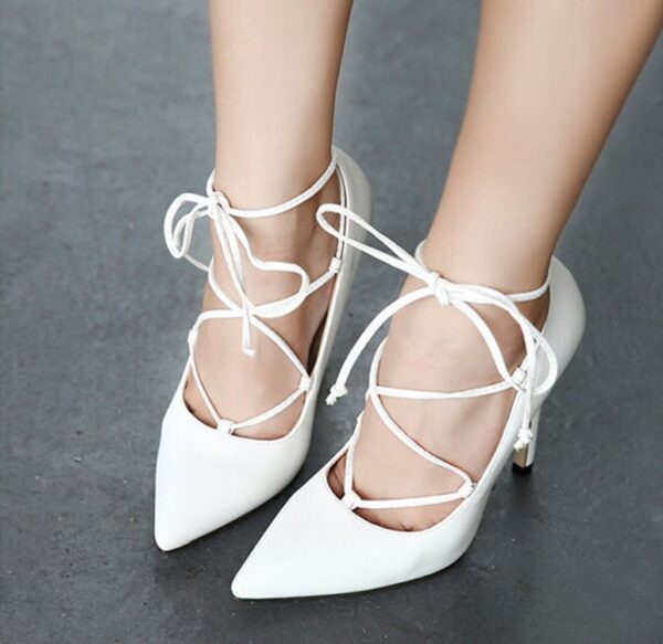 spaghetti strap lace up white stiletto