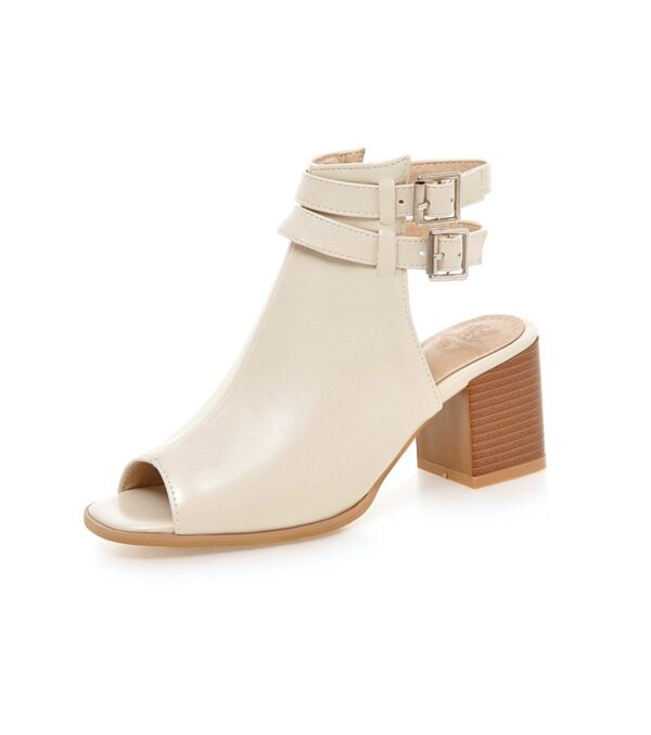 Chic Chunky Heel Metal Buckle Leather Sandals 4 square women high heel beige leather sandals