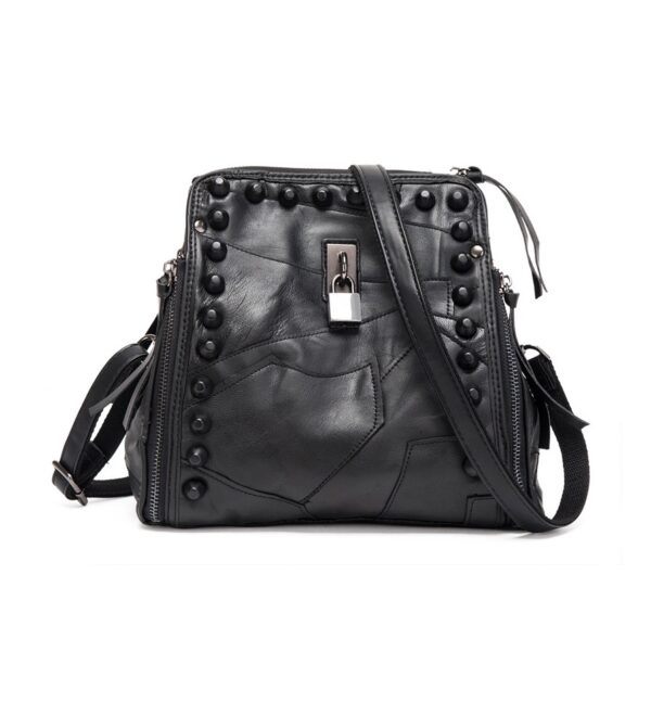 Edgy Studded Lock Genuine Leather Backpack 1 studded rivet locked black leather women backpack rucksack