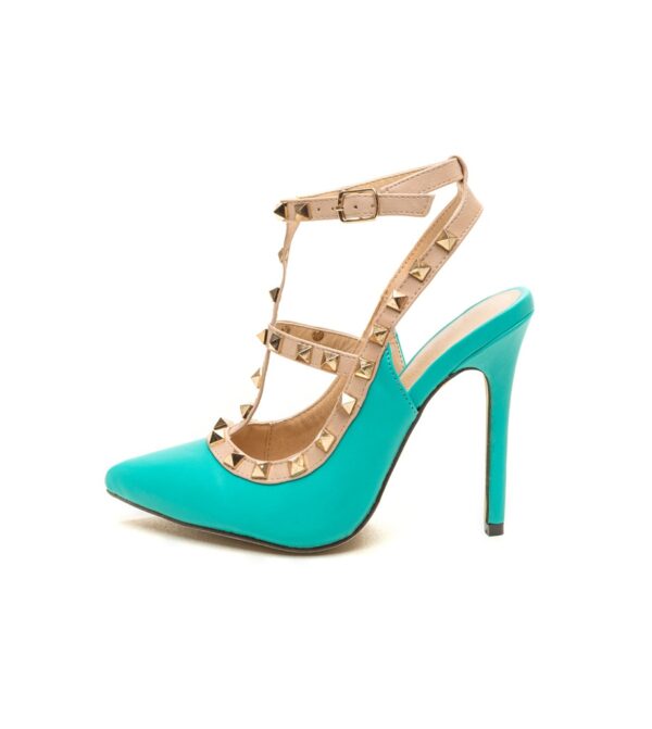 studded rivet strappy turquoise buckled leather stiletto
