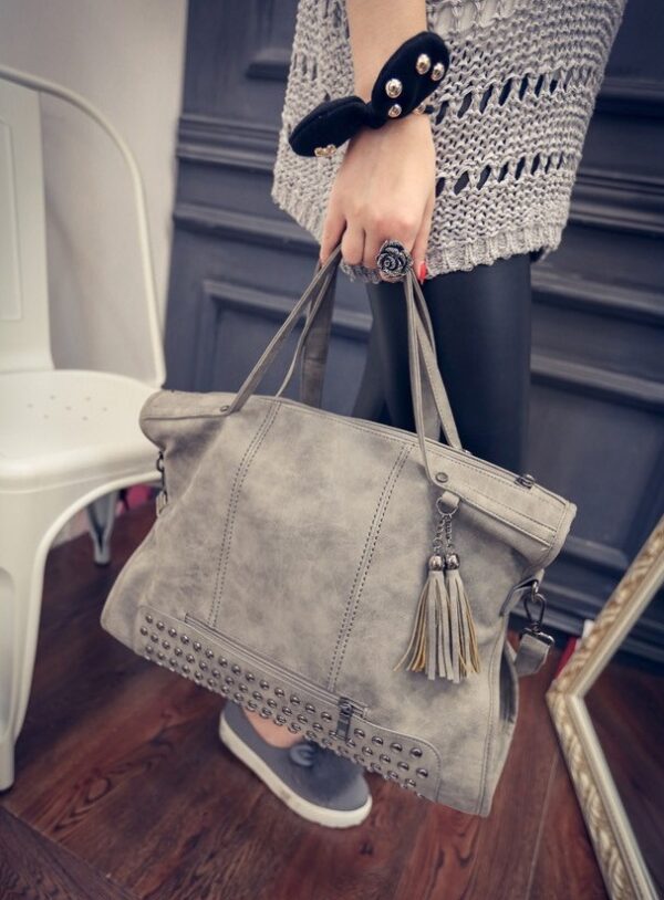 Studded Tassel Vegan Suede Shoulder Bag 4 studded rivet suede gray sleeve bag