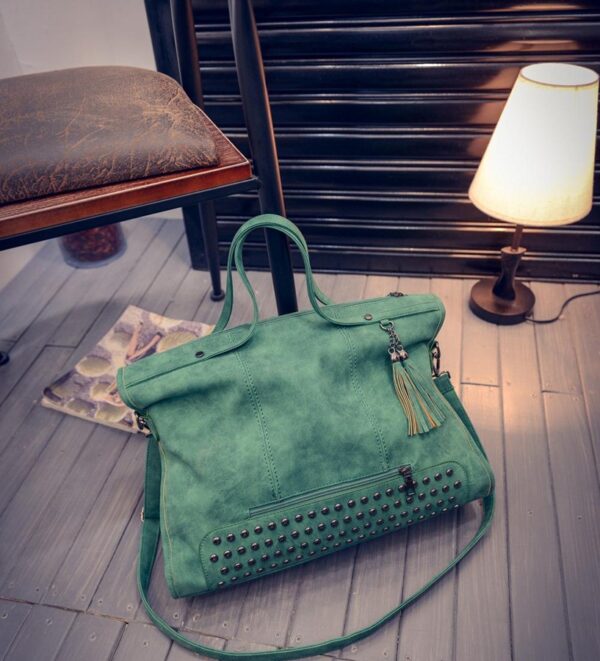 Studded Tassel Vegan Suede Shoulder Bag 2 studded rivet suede green sleeve bag
