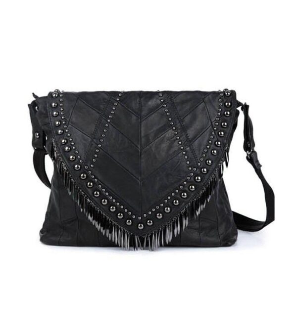 studded rivet tasseled black leather shoulder bag