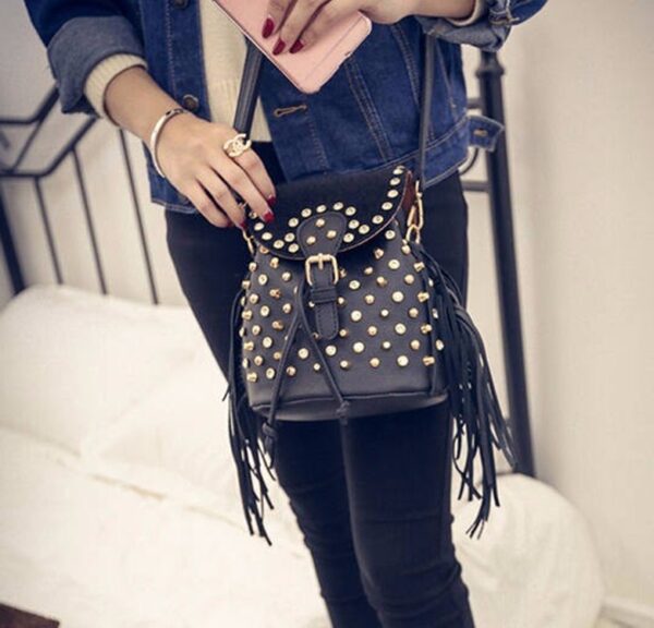studded rivet tasseled mini black backpack rucksack