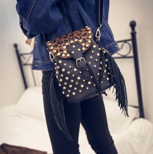 studded rivet tasseled mini brown backpack rucksack