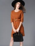 Asymmetric Hem Midi Office Dress in Tan