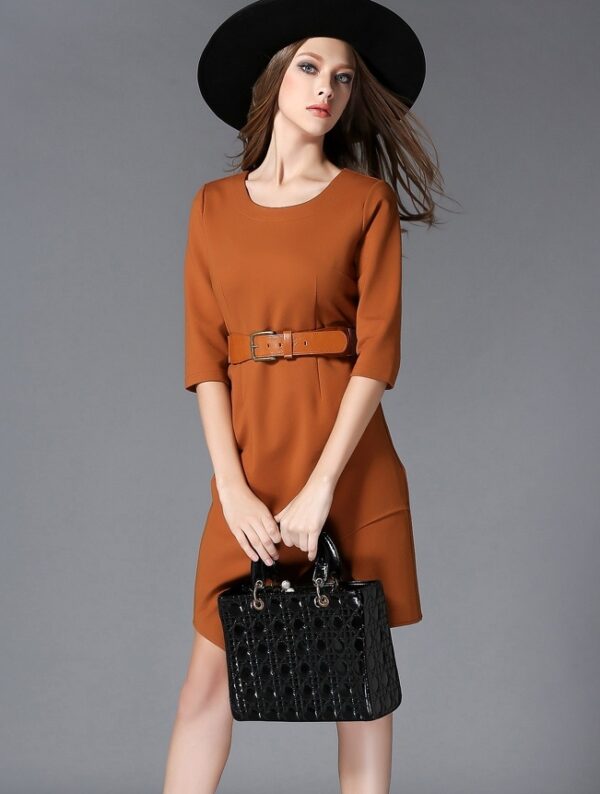 Asymmetric Hem Midi Office Dress in Tan 1 tan color half sleeved belted dress