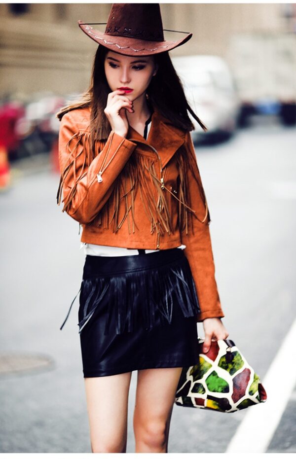 tan short tasseled leather jacket