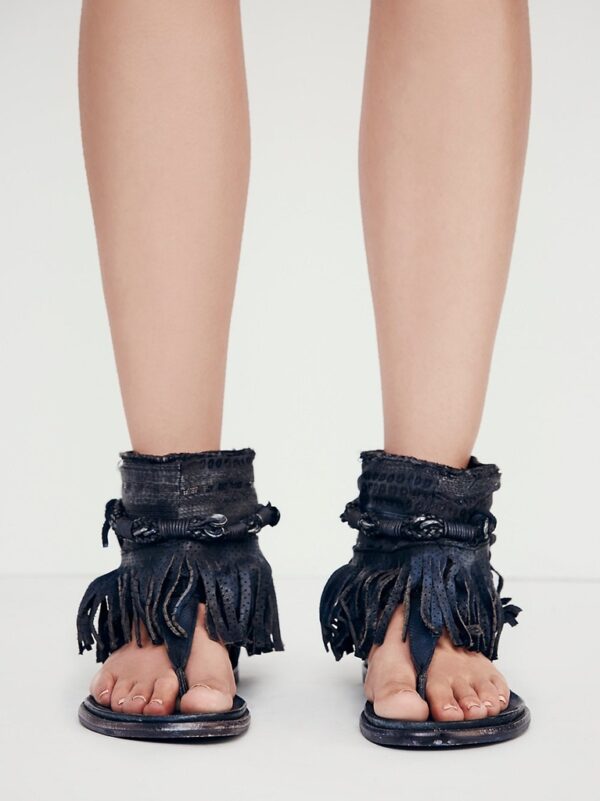 Bohemian Tassel Ankle Strap Genuine Leather Sandals 6 tasseled boho style black sandals