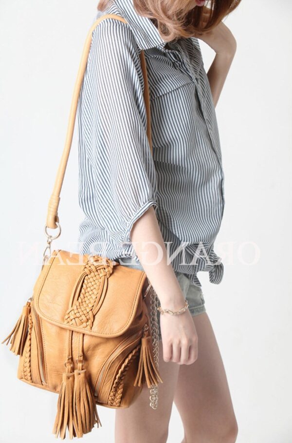 Bohemian Woven Tassel Chain Crossbody Bag 5 tasseled chained tan cross bag