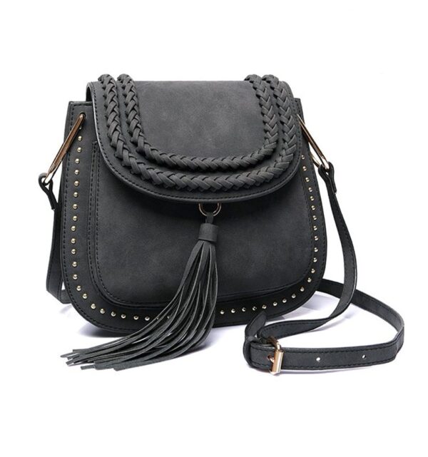 Stunning Tassel Woven Studded Vegan Crossbody Bag 8 tasseled studded rivet black cross shoulder bag