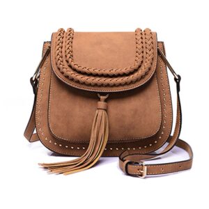 tasseled studded rivet brown cross shoulder bag