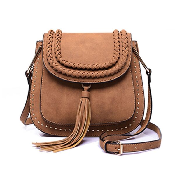 Stunning Tassel Woven Studded Vegan Crossbody Bag 2 tasseled studded rivet brown cross shoulder bag