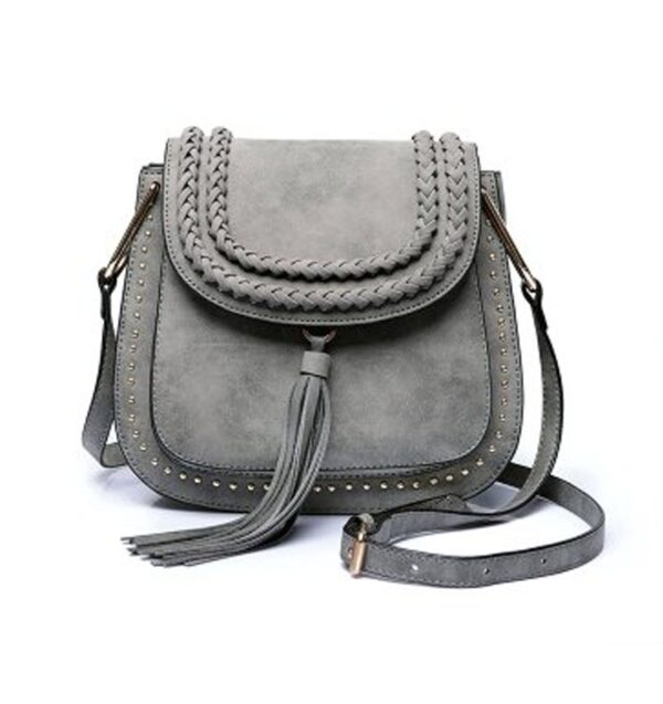 Stunning Tassel Woven Studded Vegan Crossbody Bag 1 tasseled studded rivet gray cross shoulder bag