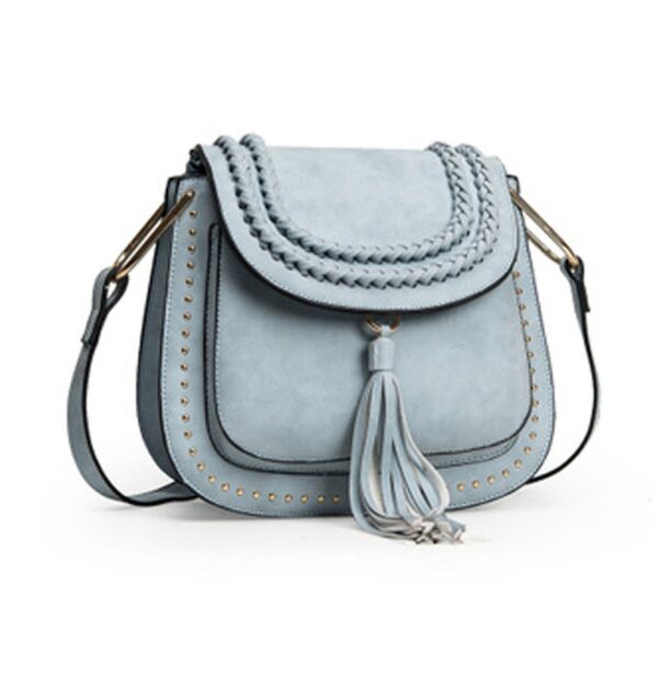 Stunning Tassel Woven Studded Vegan Crossbody Bag 6 tasseled studded rivet ice blue cross shoulder bag