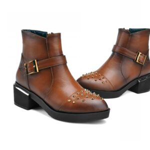 toe studded rivet buckled brown women boot