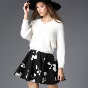 V-Neck Sweater Floral Mini Skirt Set