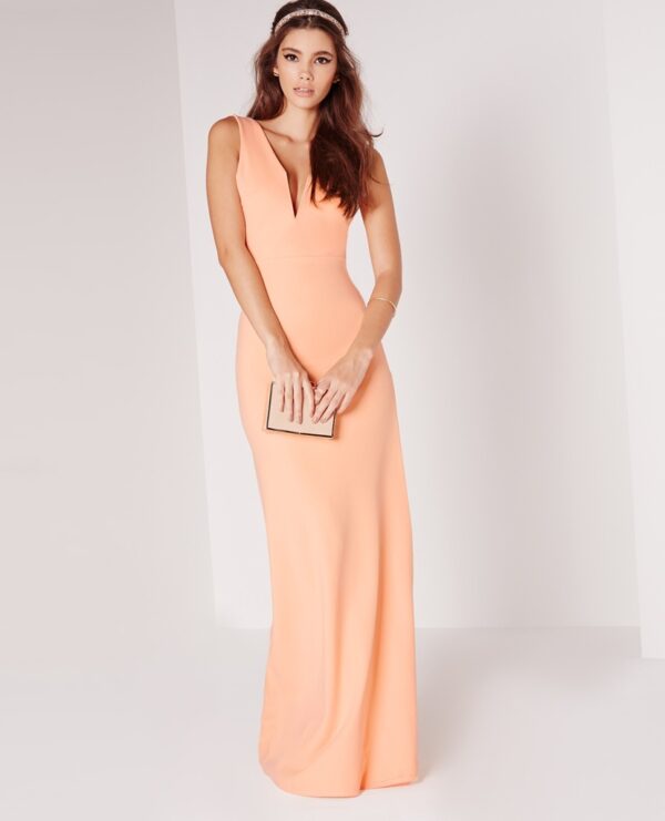 V-Neck Powder Peach Maxi Dress with Slit 1 v neck low cut peach color powder nude maxi dress