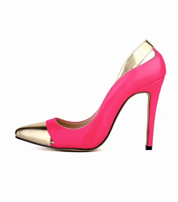 Glamorous Metallic Bronze Toe Vegan Patent Stiletto 16 velcro pink stiletto