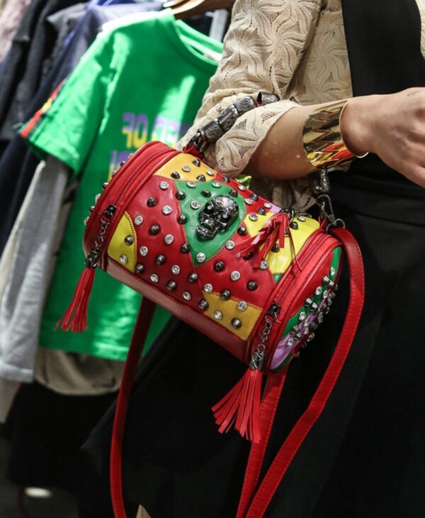 Punk Skull Crystal Studded Genuine Leather Barrel Bag 3 very colored skull detail cylinder bag
