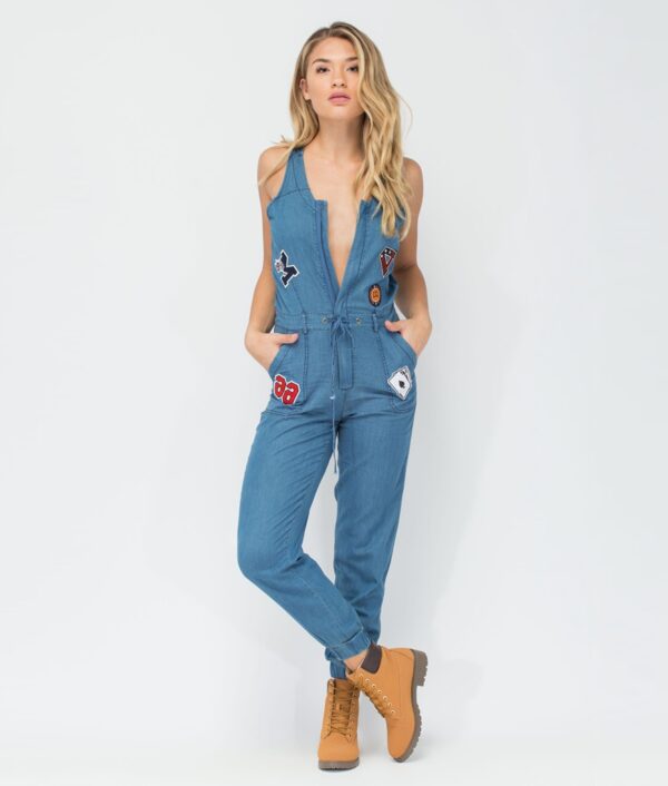 waist low cut comfortable blue summer jumpsuit