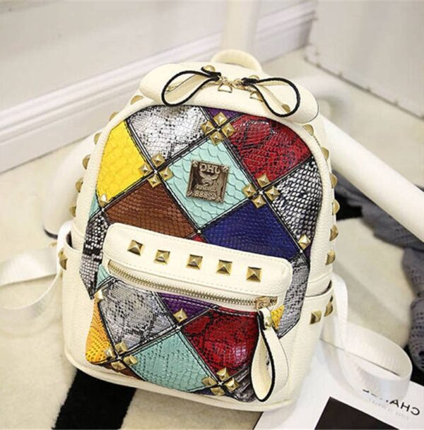 Vibrant Rainbow Studded Vegan Leather Backpack 1 white colored studded rivet leather backpack rucksack