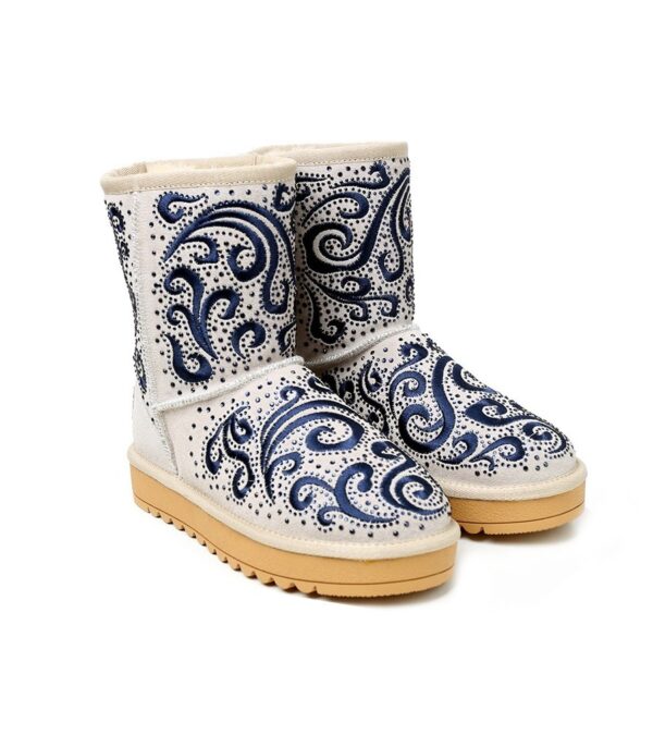 Stylish Embroidered Studded Suede Warm Winter Boots 1 white embroidered short snow boot