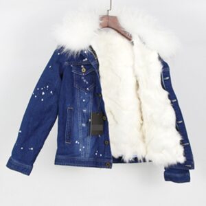 Luxury Raccoon Fur Collar Removable Fox Fur Lined Denim Coat