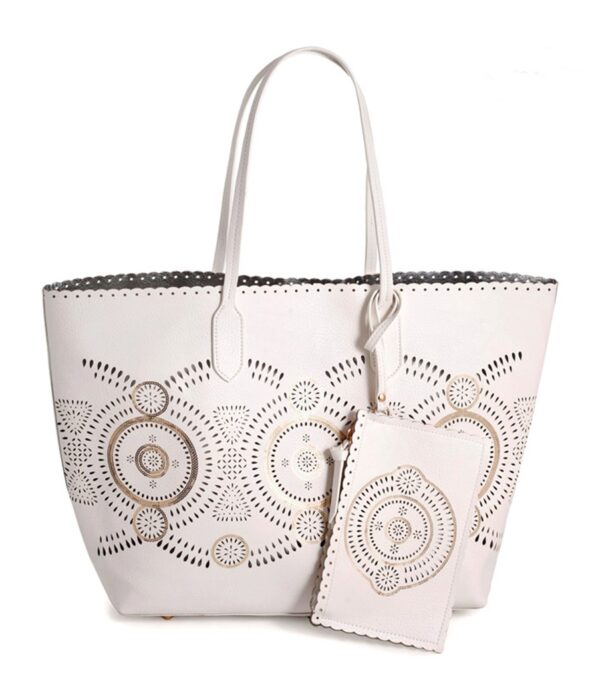 white laser cut leather tote bag