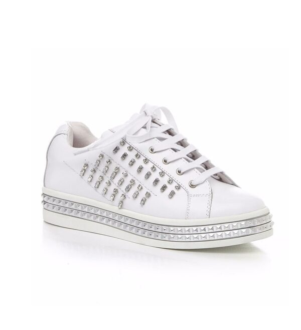 white rhinestone detail lace up sneaker