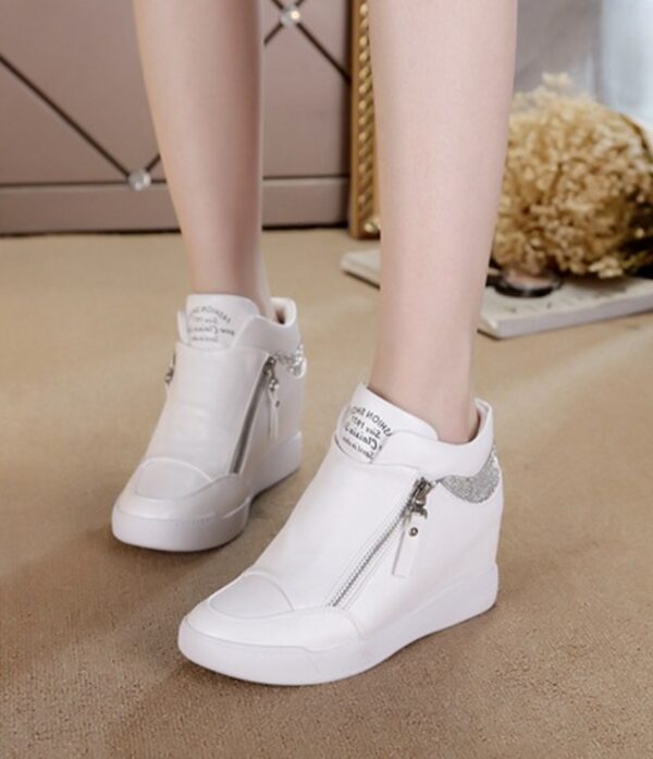 Elevated Rhinestone Height Boost Zipper Vegan Leather Sneakers 5 white women outfit ideas 2026