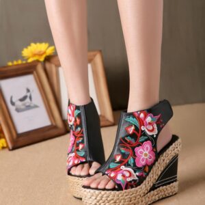 Bohemian Floral Embroidered Espadrille Wedge Sandals