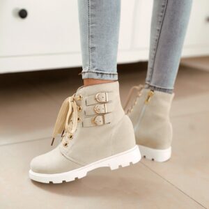 women hidden increasing height heel beige buckled lace up women boot