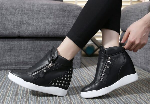 women hidden increasing height heel studded rivet black sneaker sport shoes