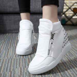 women hidden increasing height heel studded rivet white sneaker sport shoes