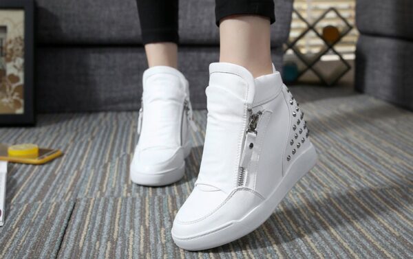 women hidden increasing height heel studded rivet white sneaker sport shoes