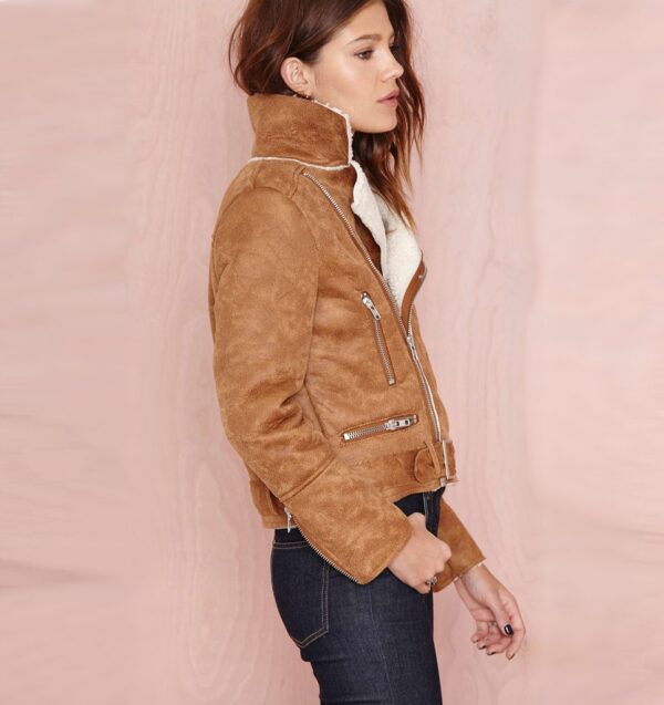 Elegant Short Genuine Suede Leather Biker Jacket 1 women suede leather brown women short jacket