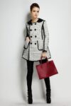 Elegant Leather Trim Double Breasted Wool Coat