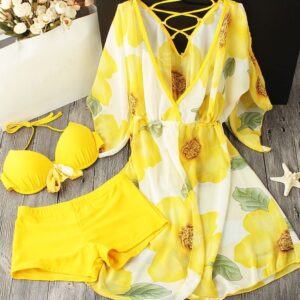 yellow pareo with shorts bikini set