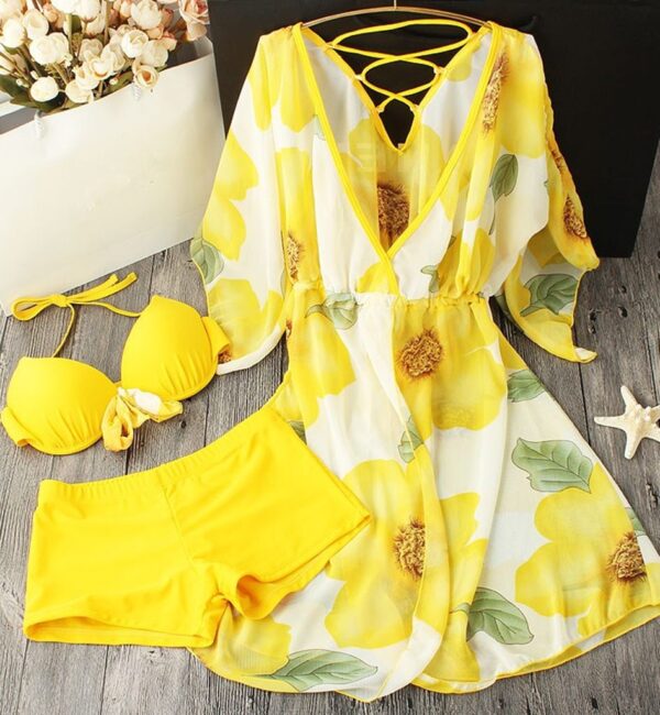 Vibrant Floral Three Piece Pareo Shorts Bikini Set 2 yellow pareo with shorts bikini set